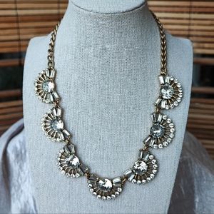 J. Crew Fan Baguette Crystal Clear Rhinestone Brass Tone Statement Necklace EUC